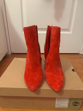 Guess Women's Bright Red Suede Pointed Ankle Boots